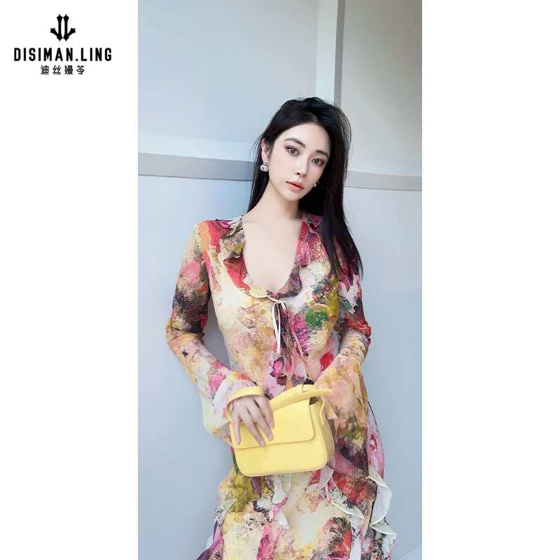 迪丝嫚苓碎花连衣裙气质显瘦时尚休闲百搭女士长款印花花色设计师