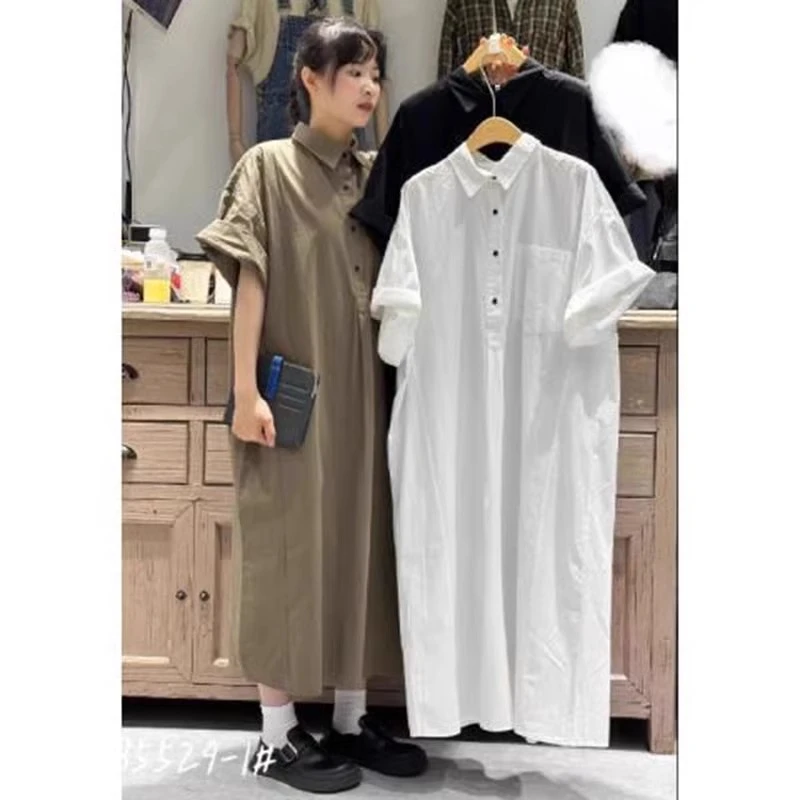 特大码300斤日系休闲胖mm过膝长款短袖衬衫裙法式气质连衣裙子女