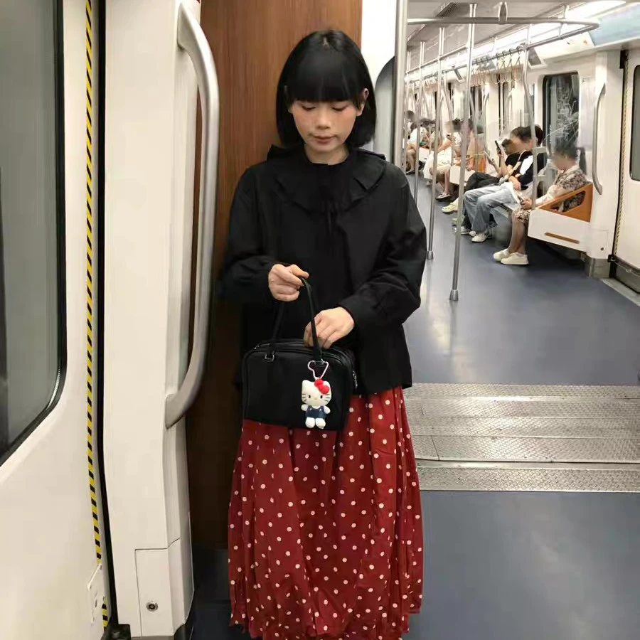 Place日杂波点控复古红波点茧型花苞裙松紧腰花苞中长半身裙