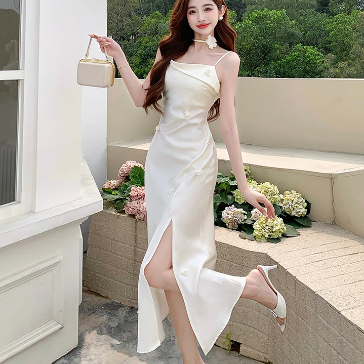 缎面吊带裙夏季新款法式修身立体花朵开叉收腰包臀鱼尾连衣裙潮