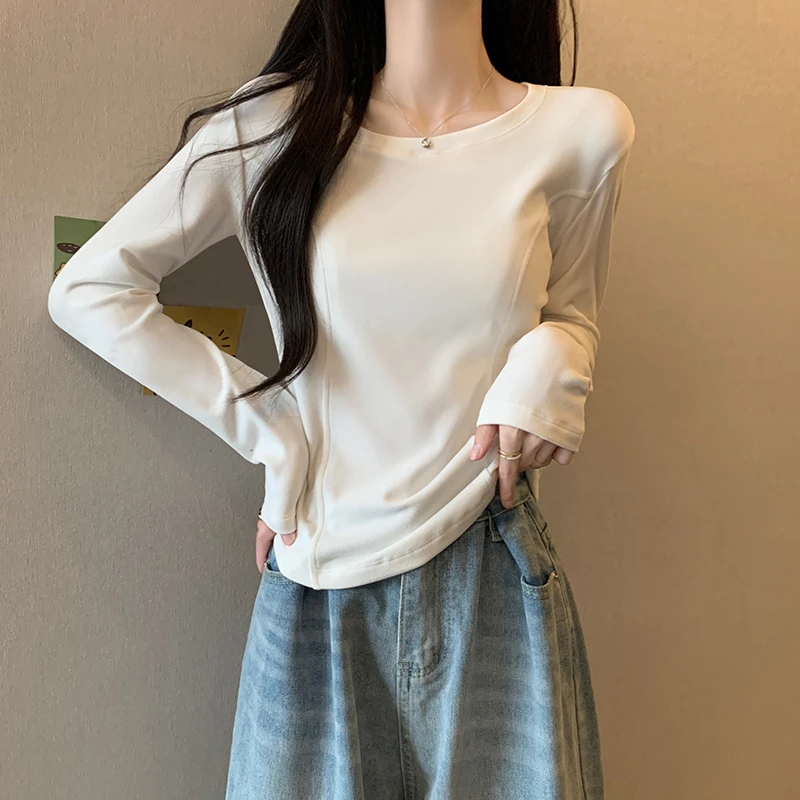 别致时髦鱼骨上衣t恤女长袖内搭秋冬德绒设计感小众修身打底衫ins