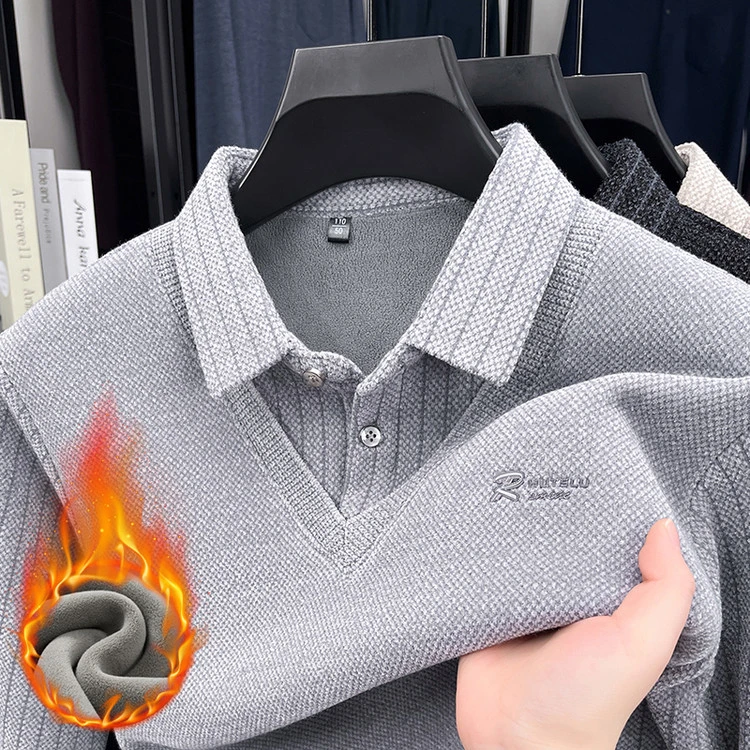 直播爆款加绒超厚冬季中年男士假两件保暖上衣男翻领条纹拼接长袖