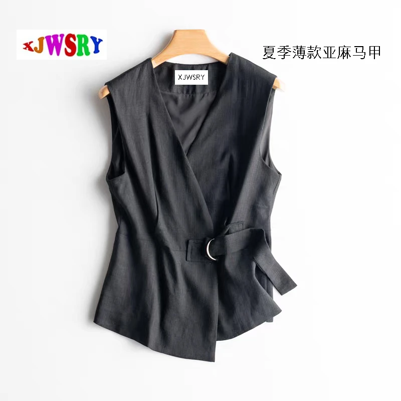 XJWSRY/轩骏亚麻马甲薄款马夹收腰坎肩背心外穿女V领休闲时尚无袖