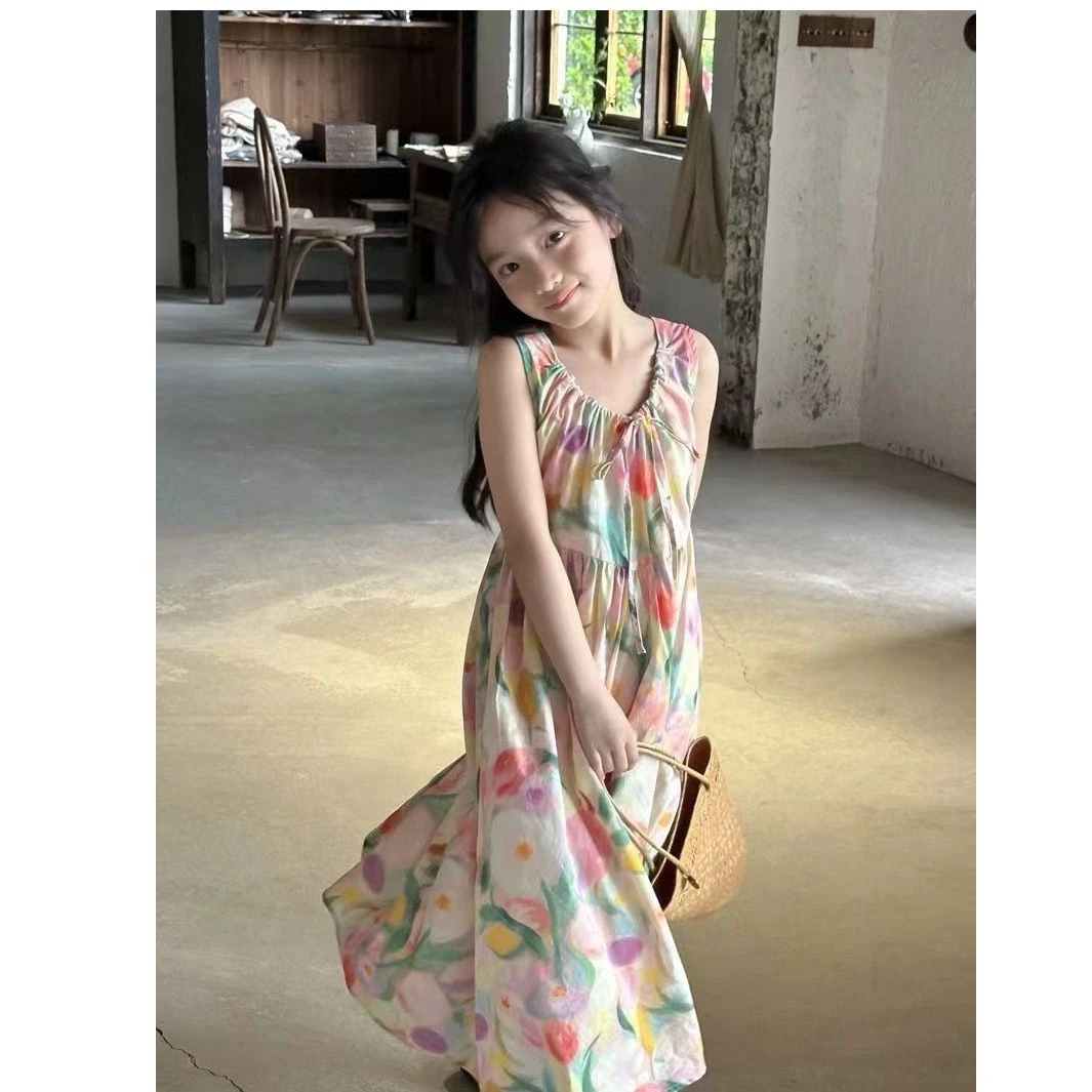女童夏季薄款连衣裙2025新款中大童洋气甜美田园风背心裙休闲长裙