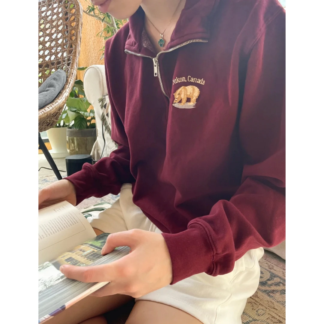 【清仓福利/NO退NO换】 BM*酒红色半拉链卫衣～027