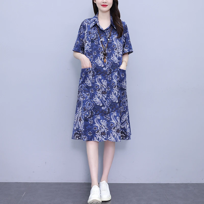 大码女装连衣裙女2025夏季休闲宽松洋气印花衬衣中长款衬衫裙子