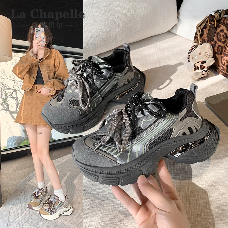 拉夏贝尔厚底增高老爹鞋女2025新款秋季百搭休闲复古运动老爹鞋