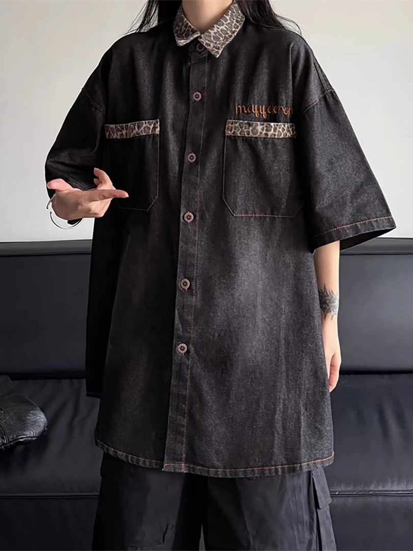 复古水洗牛仔衬衫短袖男女美式宽松设计感豹纹拼接衬衣外穿五分袖