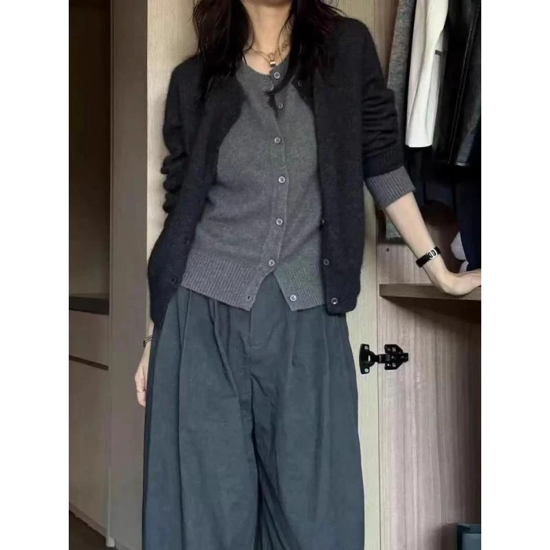 【崔万志工厂】100%羊毛假两件开衫女圆领毛衣灰色针织外套春秋新款