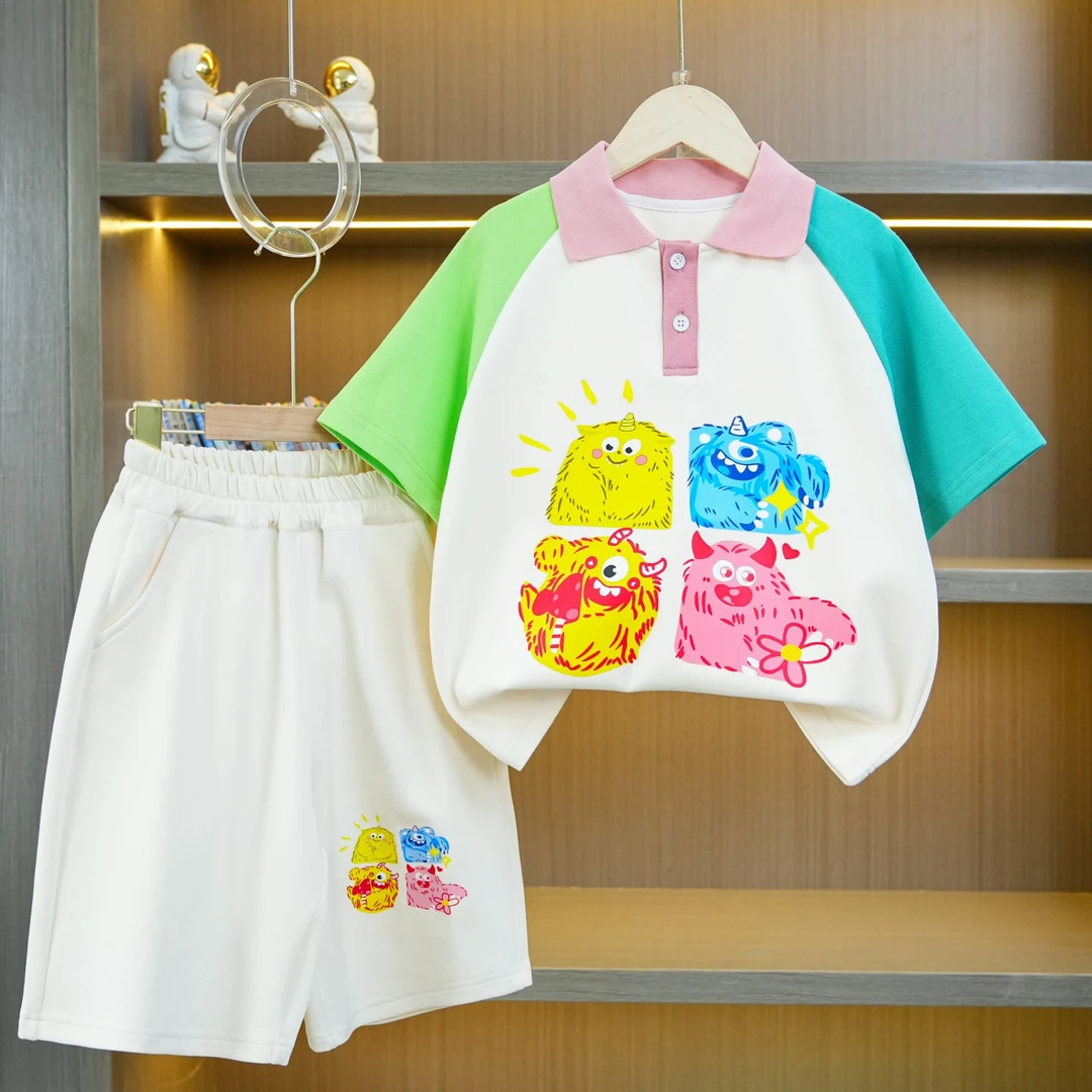 儿童百搭字母立体印花翻领Polo衫套装夏季休闲短袖童装jz008