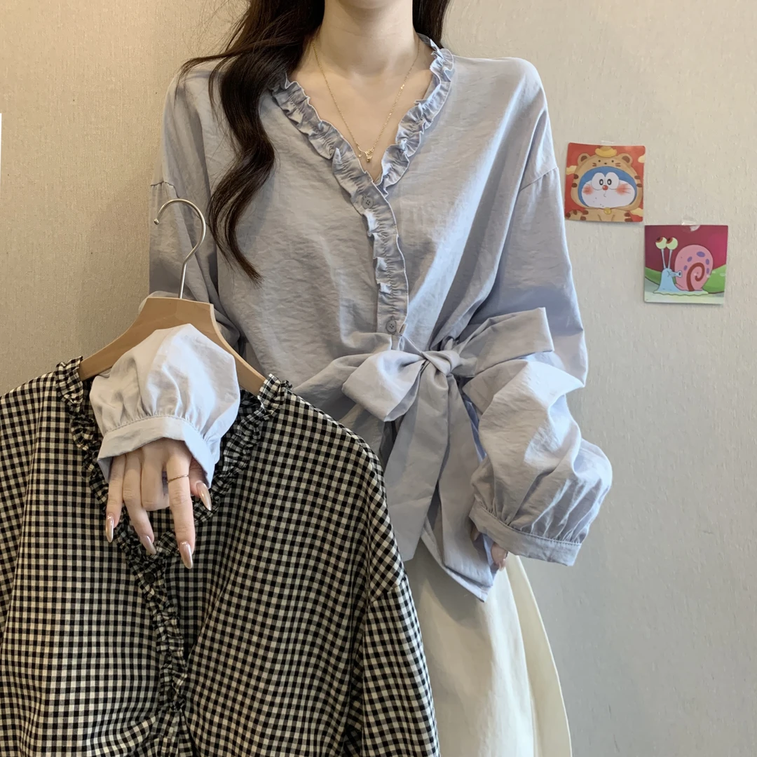 高级感木耳边格子长袖衬衫秋季2025新款大码女装胖mm收腰系带上衣