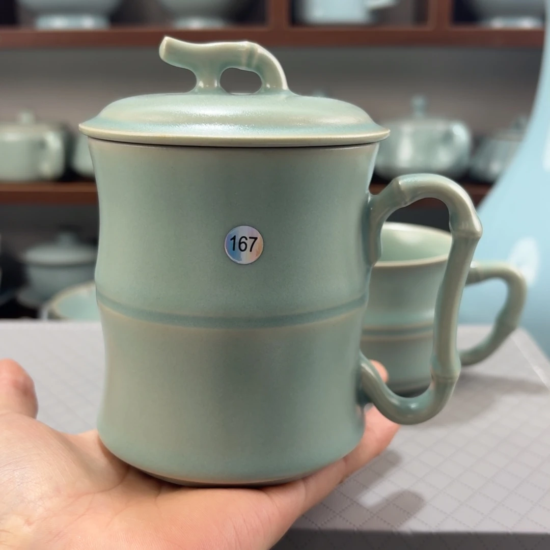 舞***宾瓷摆件汝窑仿古釉竹节办公杯二级