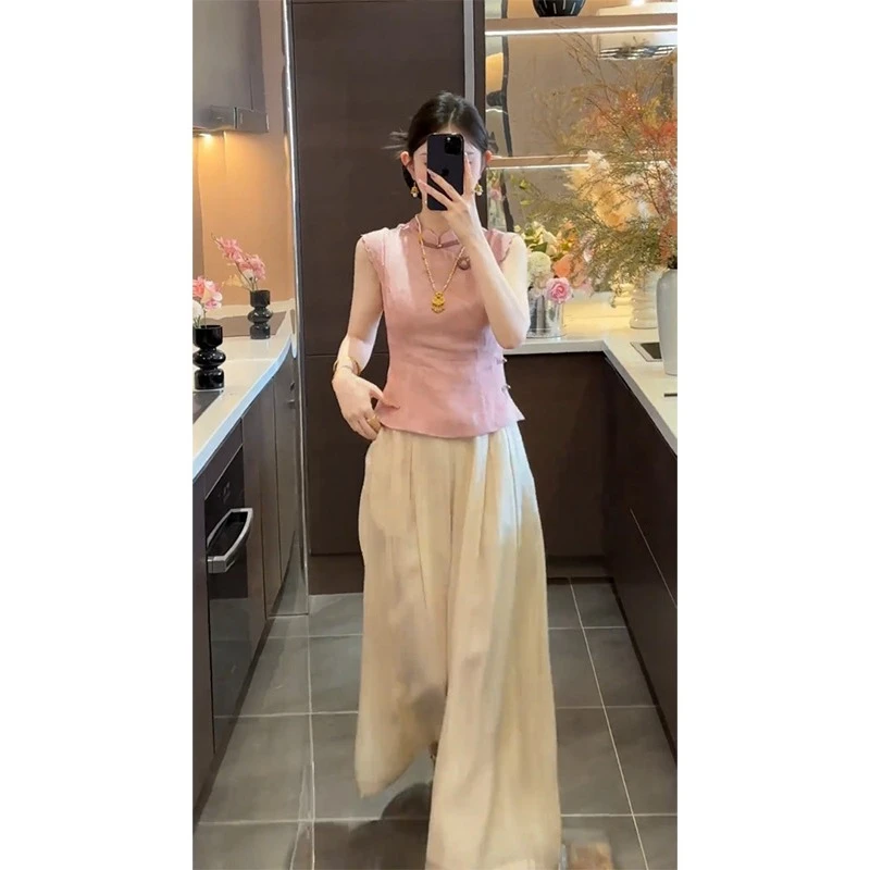 2025夏季新款国风新中式温婉气质粉色无袖衬衫杏色阔腿裤套装女潮