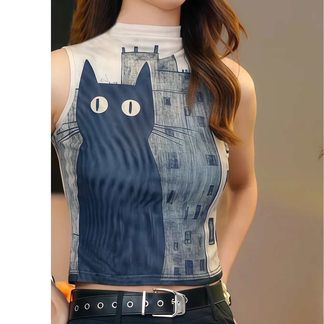 2025夏季立领动物印花网纱修身显瘦无袖设计感时尚洋气上衣女潮流