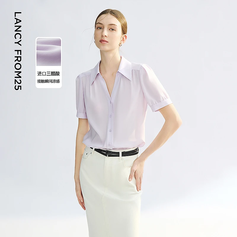 朗姿三醋酸短袖衬衫女纽扣通勤百搭OL都市上衣2025年夏季新款
