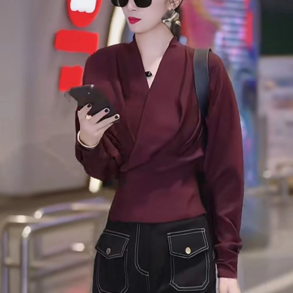 2025早秋新款女紫色长袖V领衬衫高级感洋气减龄显瘦蝙蝠袖上衣