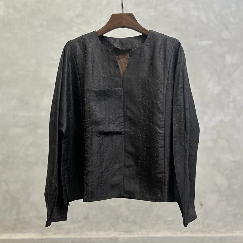 清风集真丝龟裂纹香云纱V领短款长袖上衣 复古宽松圆领衫