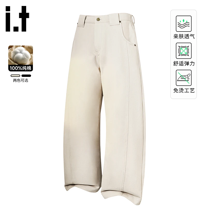 i.t izzue男款裤子2025新款男士纯棉休闲长裤美式复古浅色弯刀裤