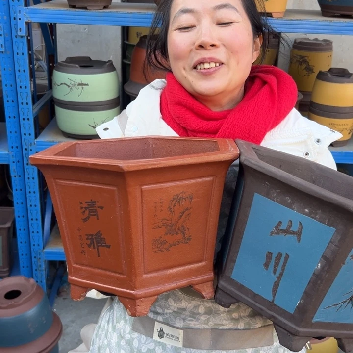 25红清雅六方+25蓝刻绘六方花盆