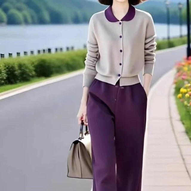 2025秋季新款设计感女装高级撞色翻领卫衣套装气质裤子两件套