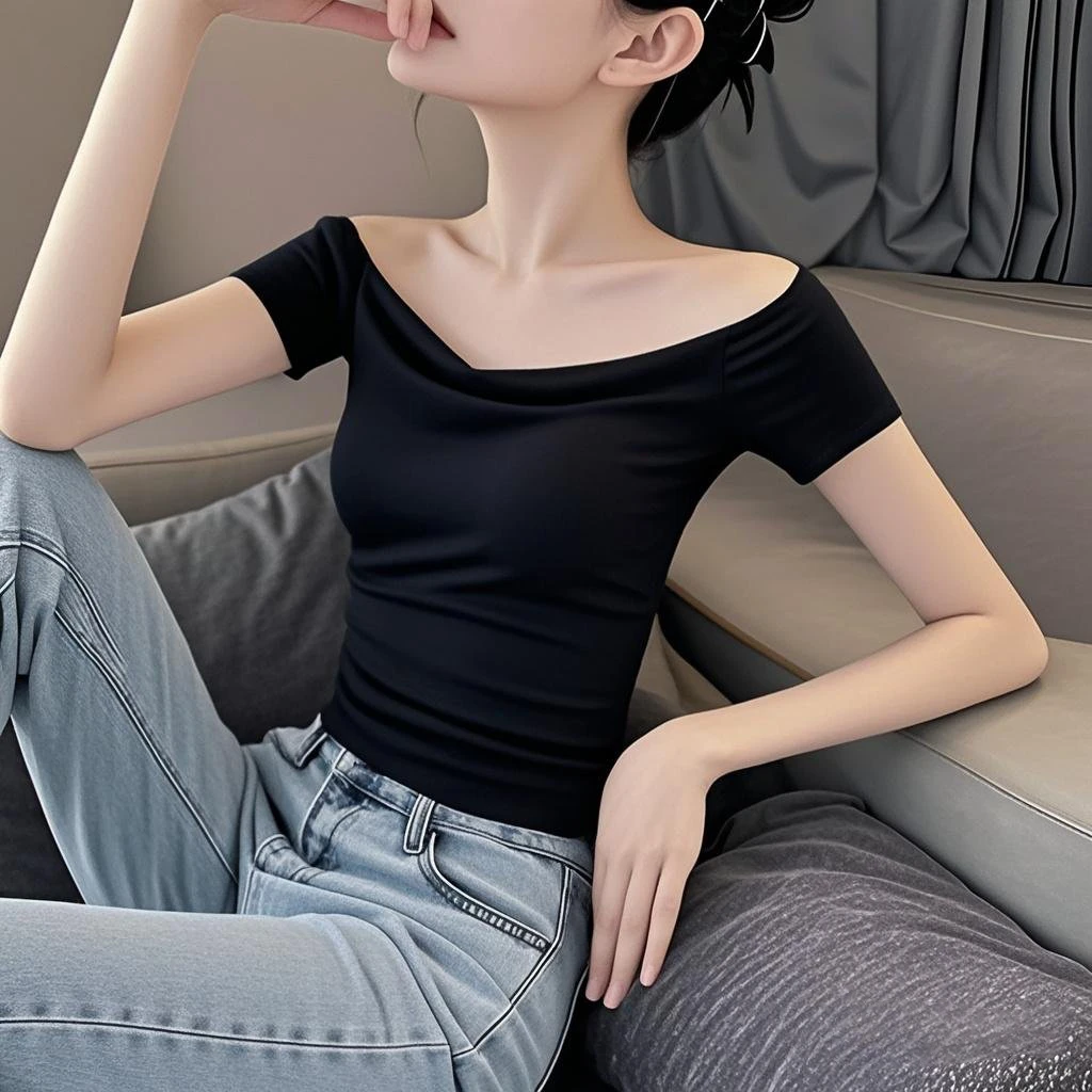 莫代尔黑色一字肩短袖T恤女夏季新款亲肤透气这种短款荡领上衣潮