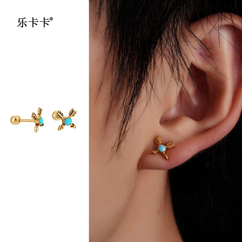 钛钢耳饰 波西米亚复古图腾小众耳饰ins十字架弓箭气质耳钉男蓝色