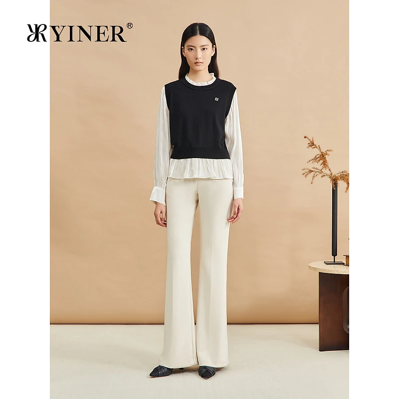 YINER音儿专选2024冬季新款时尚撞色花边领流光纱假两件针织衫