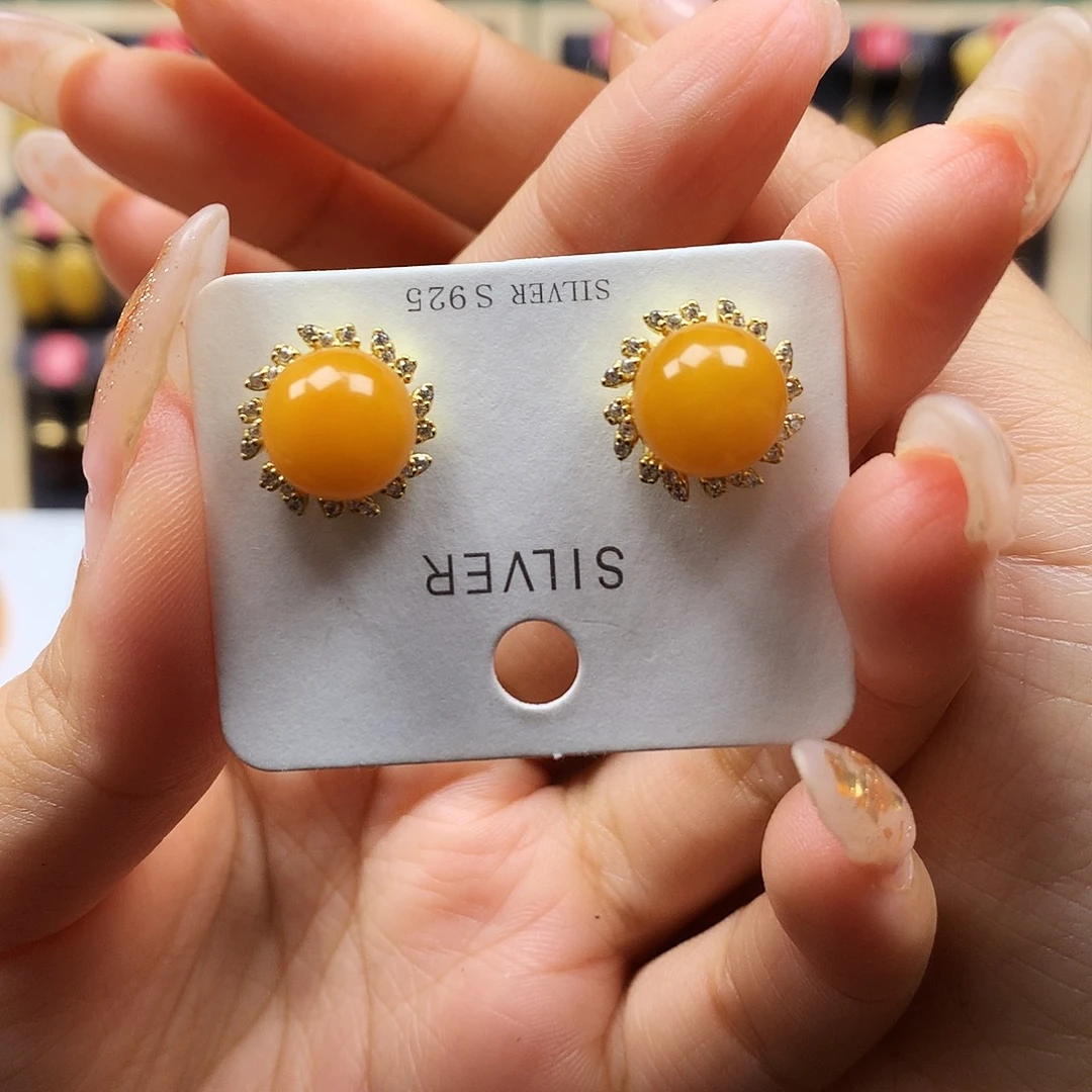 蜜蜡银S925镶嵌耳饰耳钉