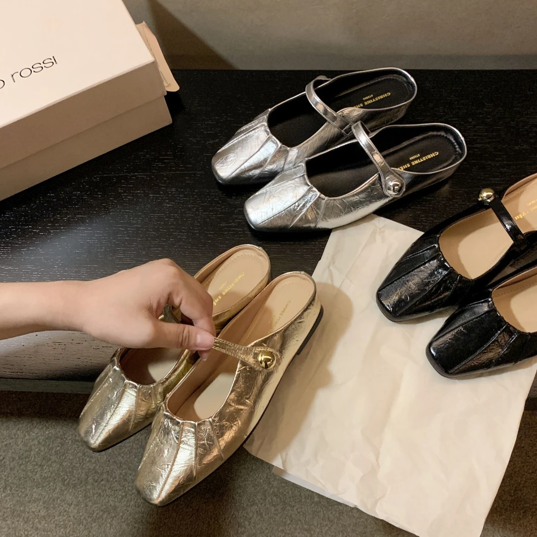 【sheii苏茵茵】内增高法式扣带褶皱芭蕾单鞋女包头半拖E4205219