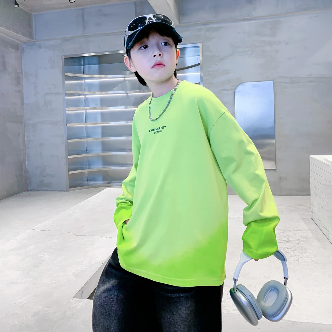 男童秋季多巴胺运动长袖t恤2025新款儿童装中大童渐变色纯棉上衣