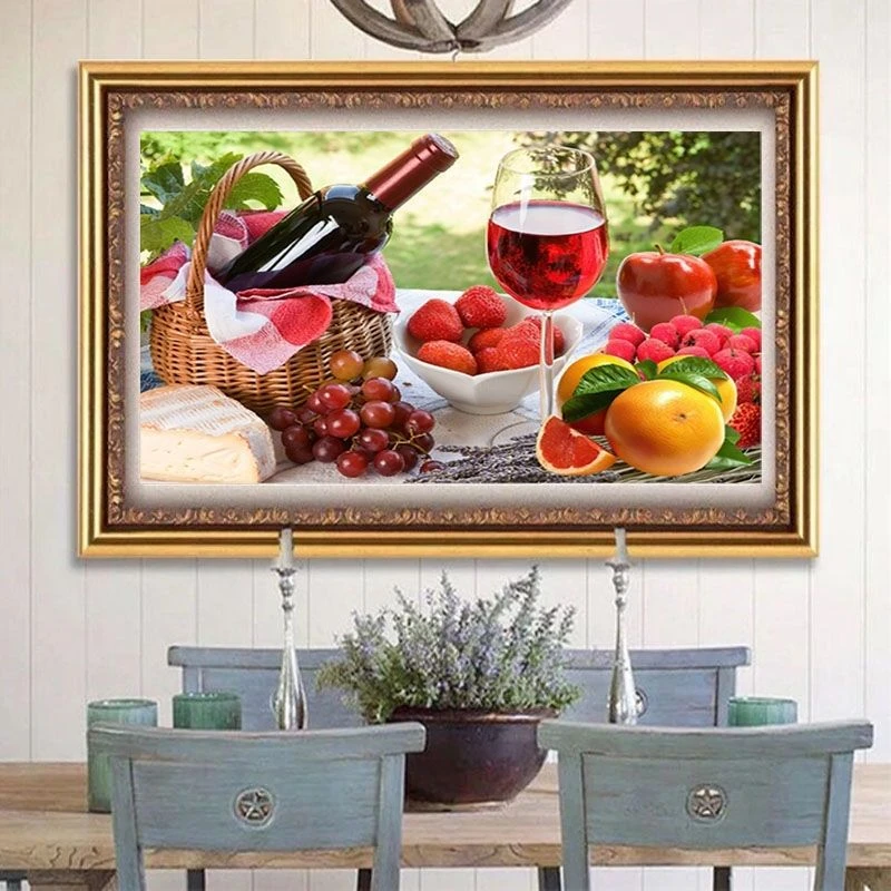 红酒野餐十字绣满绣50色餐厅厨房线绣小件手工自己绣水果