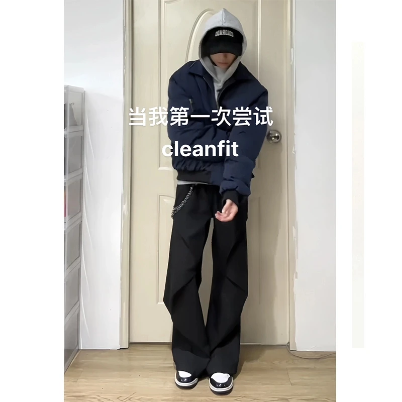 行星世界cleanfit褶皱微喇西裤男款垂感显瘦阔腿裤子直筒休闲长裤