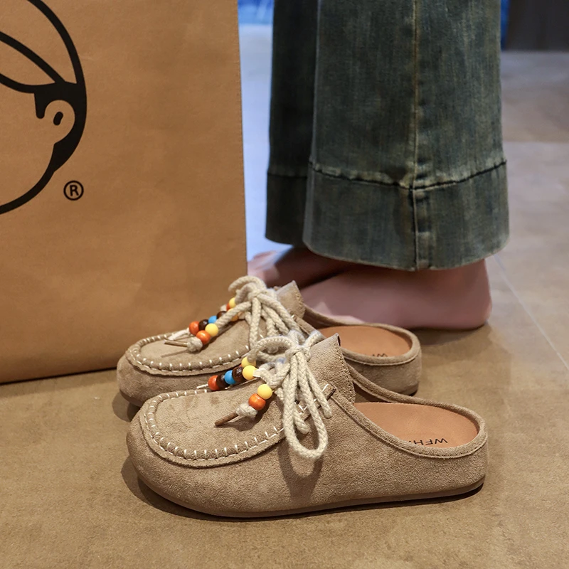 设计感包头勃肯半拖鞋女外穿2025新款夏季复古串珠厚底一脚蹬凉拖