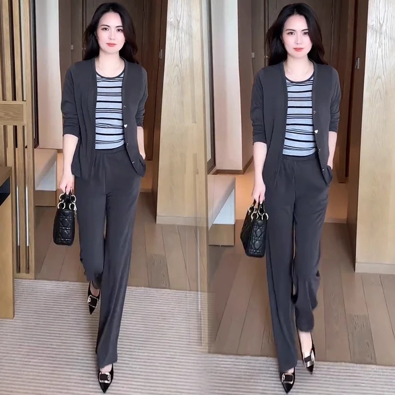 时尚套装女秋季新款洋气质显瘦短款开衫外套条纹背心阔腿裤三件套