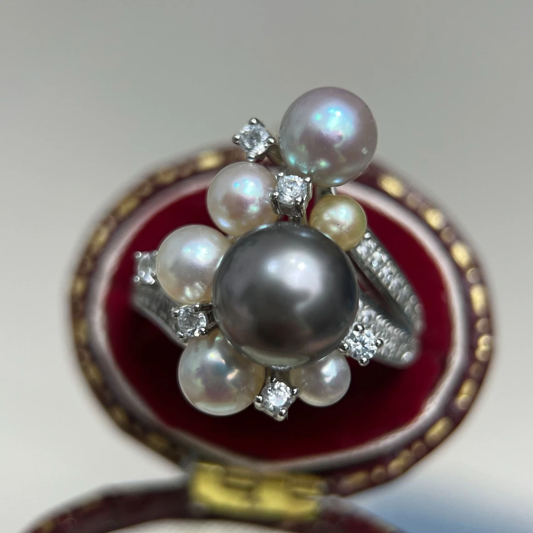 100%纯天然正宗海水珍珠戒指大溪地黑珍珠戒指银镶akoya多彩戒指