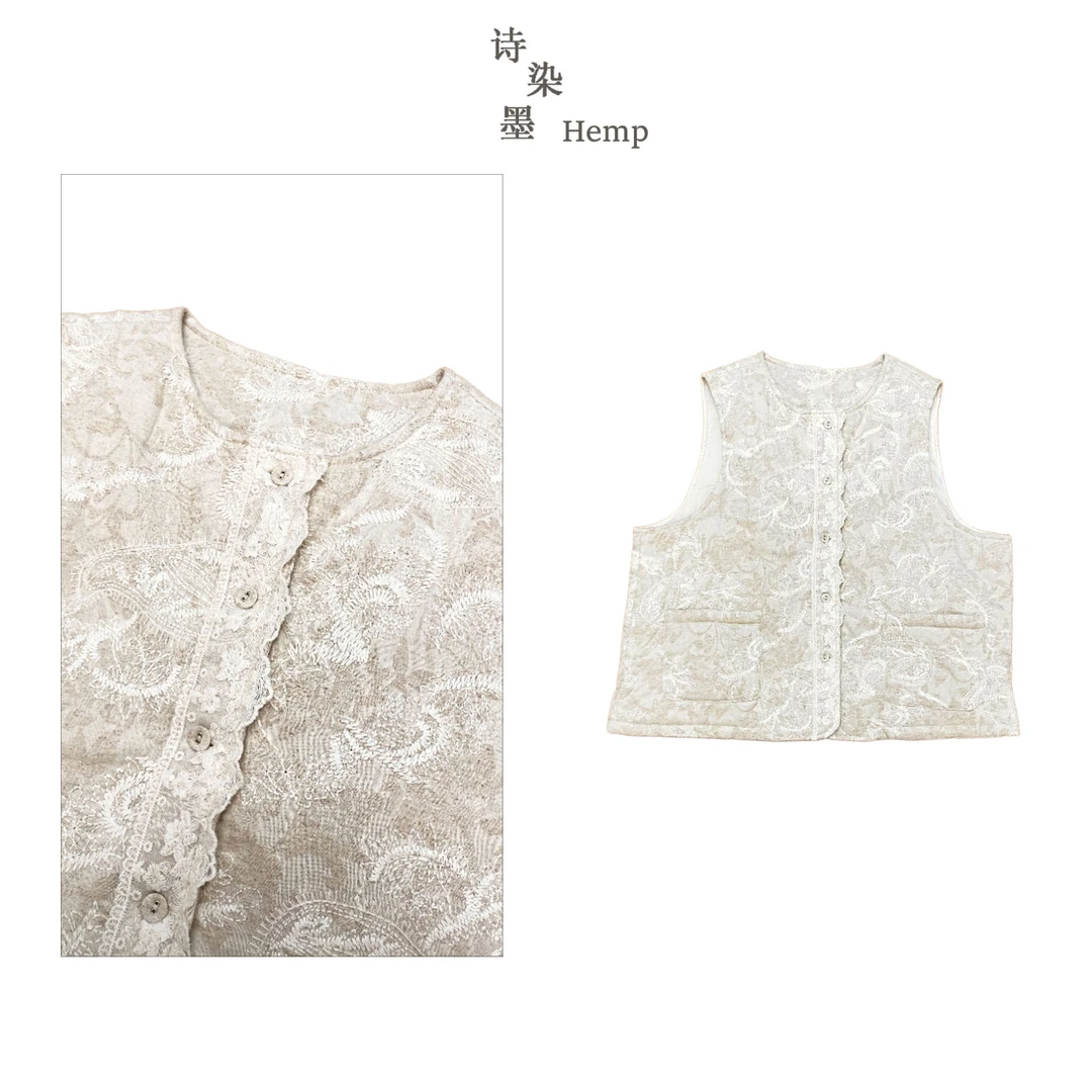 【高品质】4890 圆领腰果花重工刺绣蕾丝边棉麻马甲
