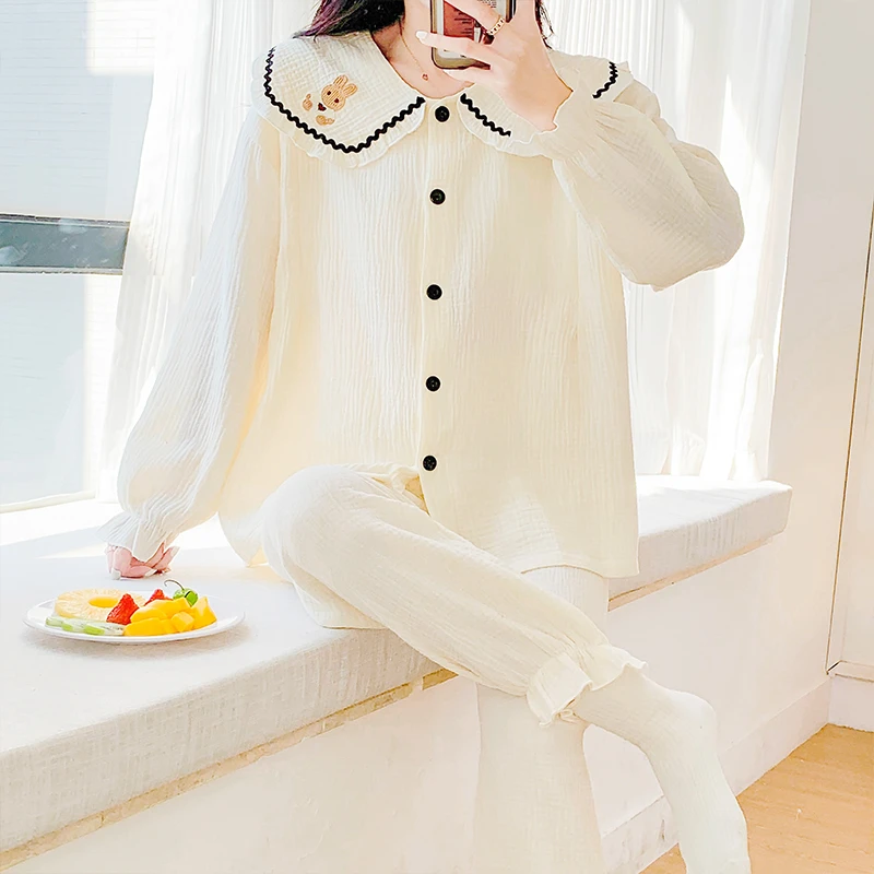 1产妇纱布月子服套装可调节腰带长袖款孕妇四季款产后喂奶月子服