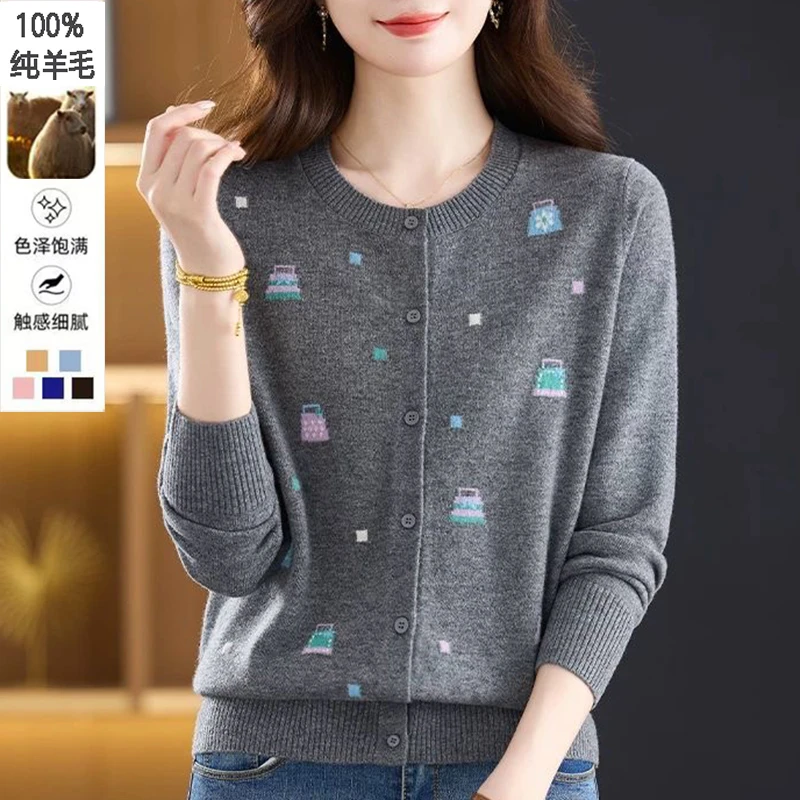 100%纯羊毛女装中老年人圆领开衫宽松大码妈妈装毛衣外套纽扣上衣