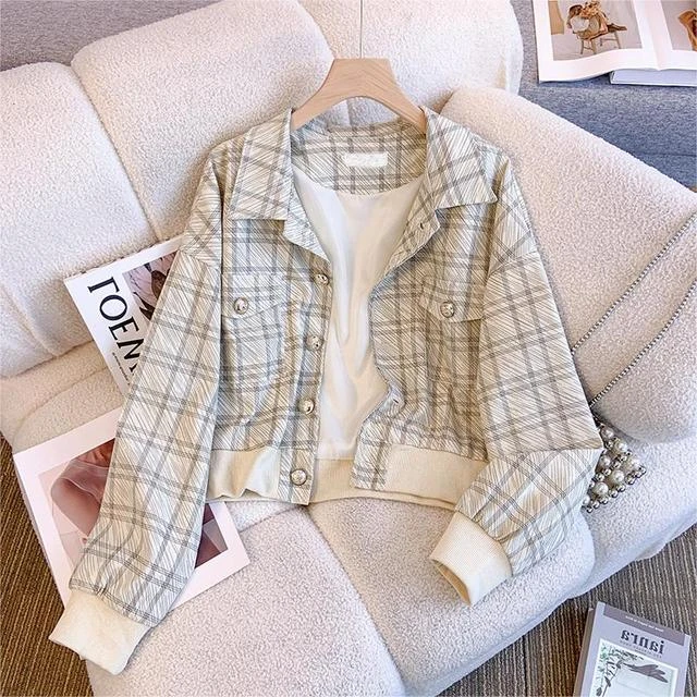 广州十三行女装爆款~2025早春新款小个子时尚短款超好看格子外套