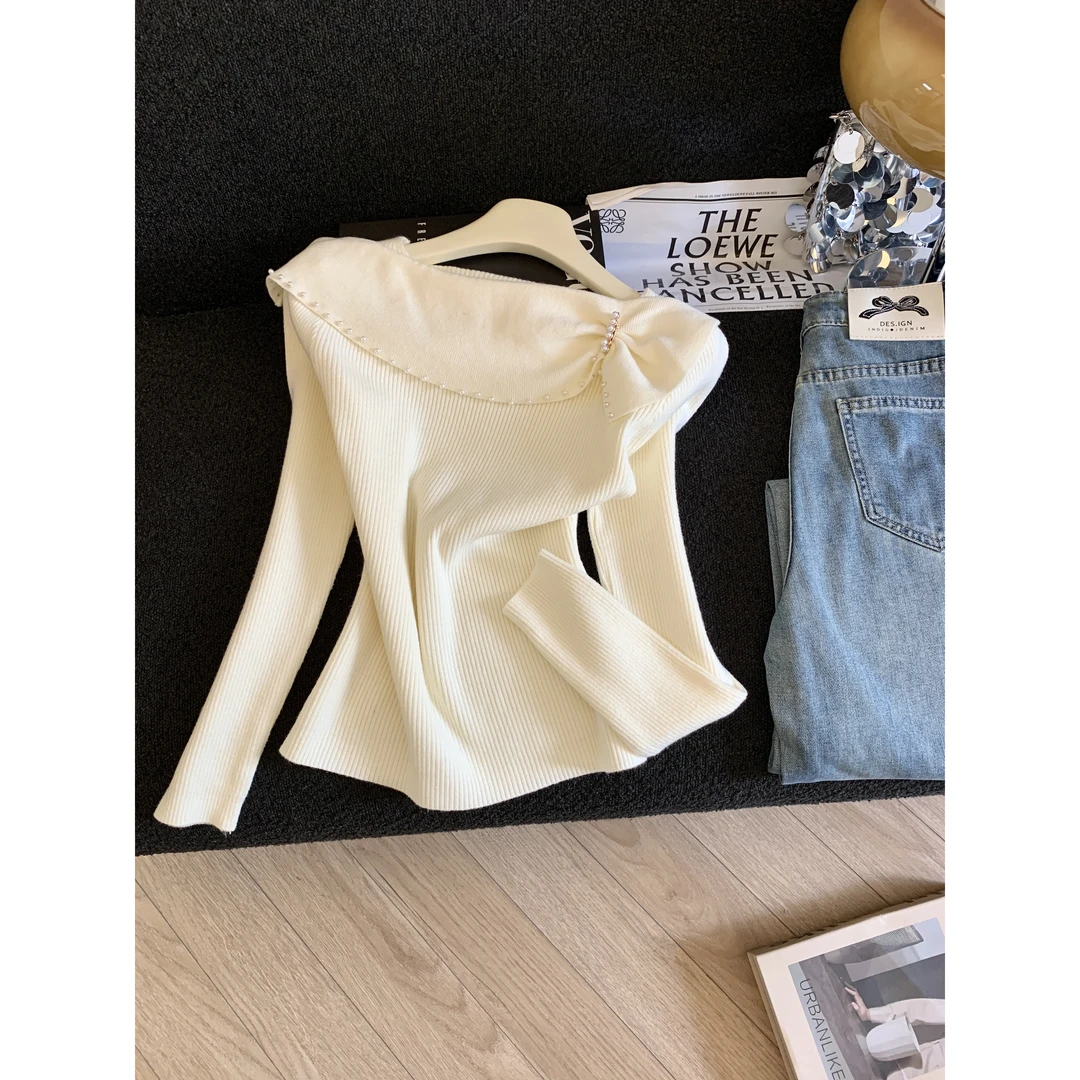 ZB#重工钉珠一字领长袖针织衫秋冬新款法式小香风修身显瘦毛衣女