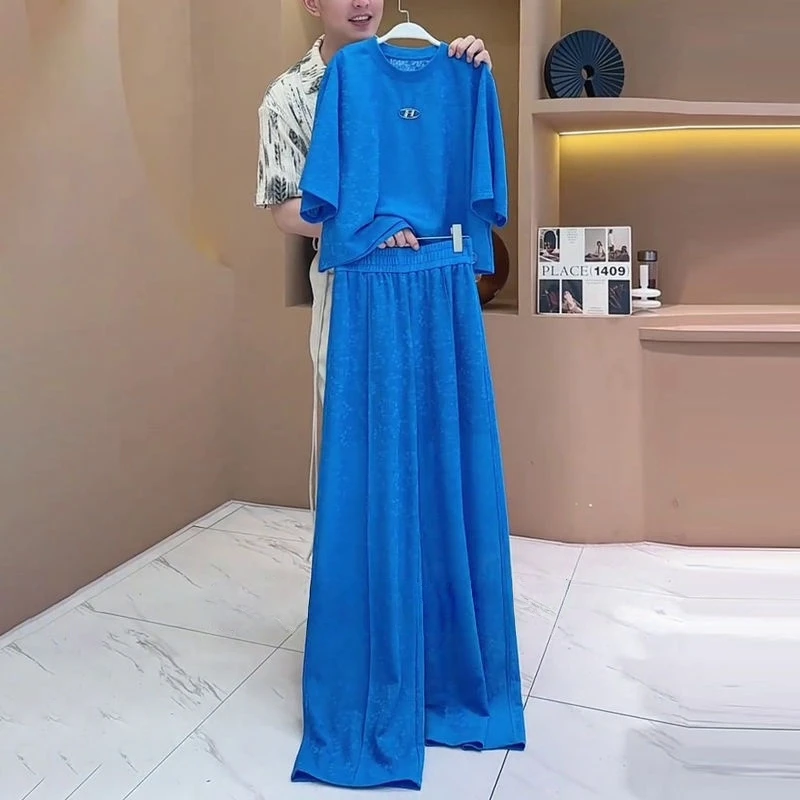 2025夏季冰凉感轻薄蓝色透气时尚圆领短袖显瘦阔腿长裤两件套套装