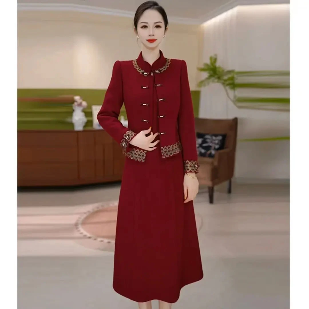 【两件套】贵妃绒冬季新款时髦气质国风优雅显瘦连衣裙两件套装