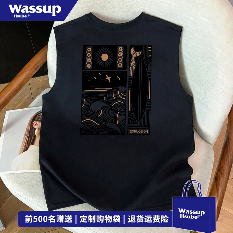 WASSUP HSUBE欧美式复古风卡通印花运动坎肩背心男宽松无袖上衣服