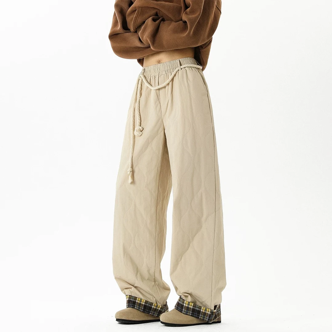 【醒醒】垂感松紧腰撞色防风阔腿休闲裤秋冬美式外穿宽松滑雪棉裤