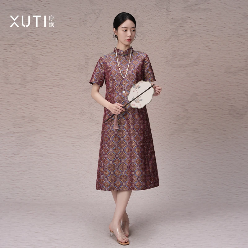 序缇『凤羽流霞』夏季新中式桑蚕丝短袖连衣裙女宽松裙子H223-11738