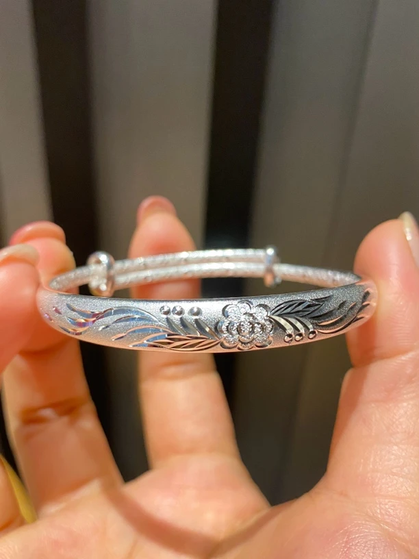 足银手镯999足银玫瑰花可推拉手镯吉祥如意礼物足银饰品