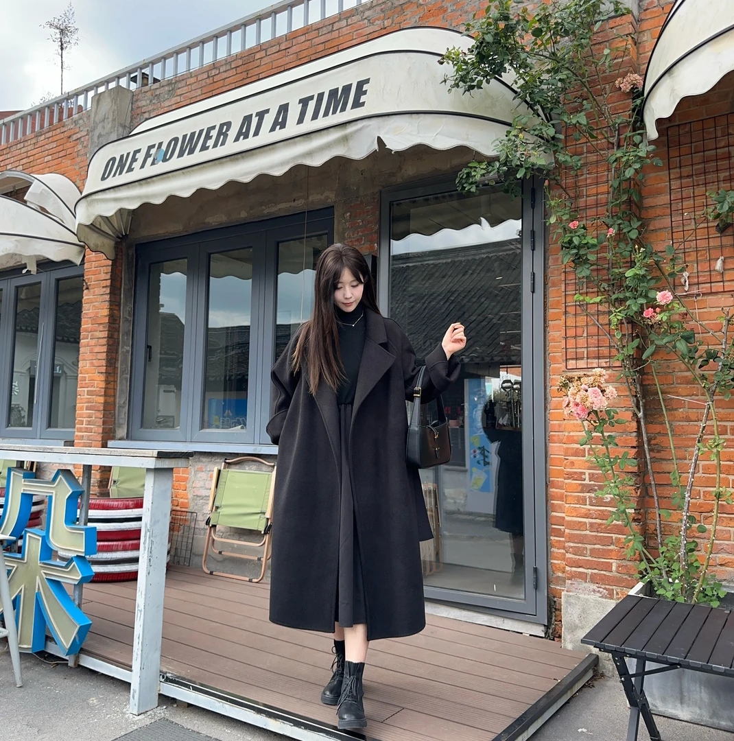 FQ反季现货双面绒大衣女中长款毛呢外套宽松赫本风气质西装领厚