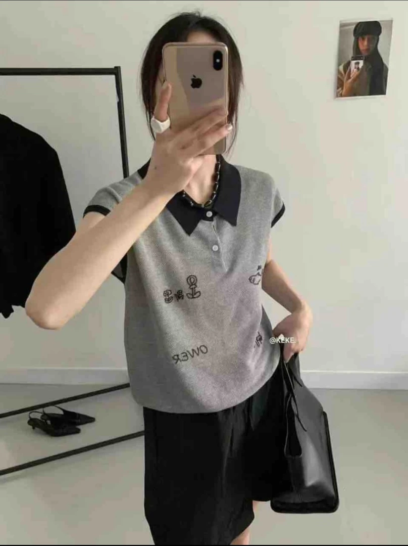 韩系撞色翻领半袖冰丝针织衫2025夏季新款女休闲减龄百搭上衣潮