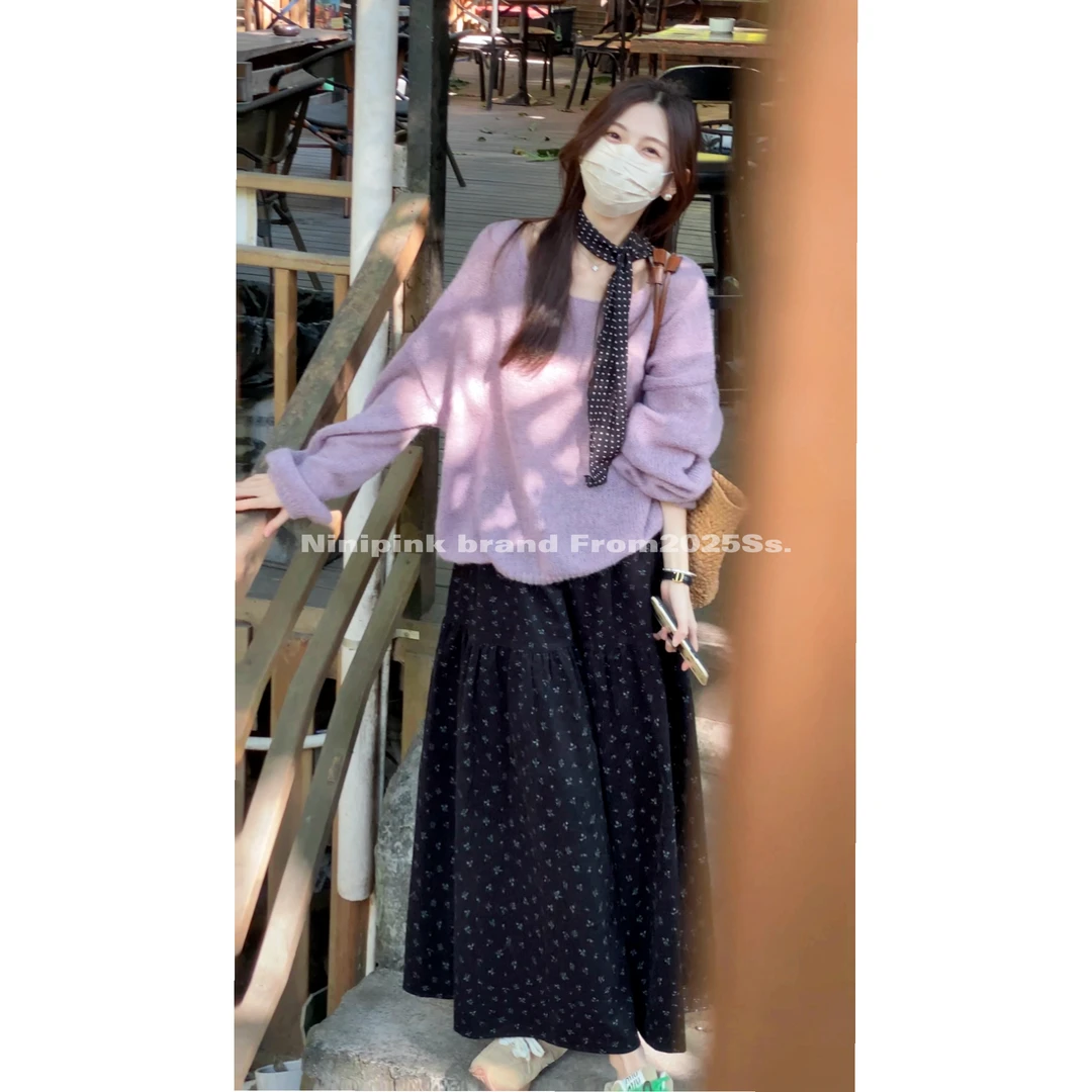 庄不腻早春新款【香芋】温柔紫色软糯毛衣慵懒显瘦宽松毛织上衣2502