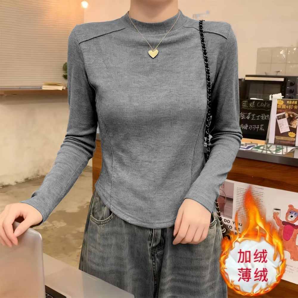 加绒半高领立领长袖T恤女秋冬鱼骨线外穿内搭纯欲修身保暖打底衫